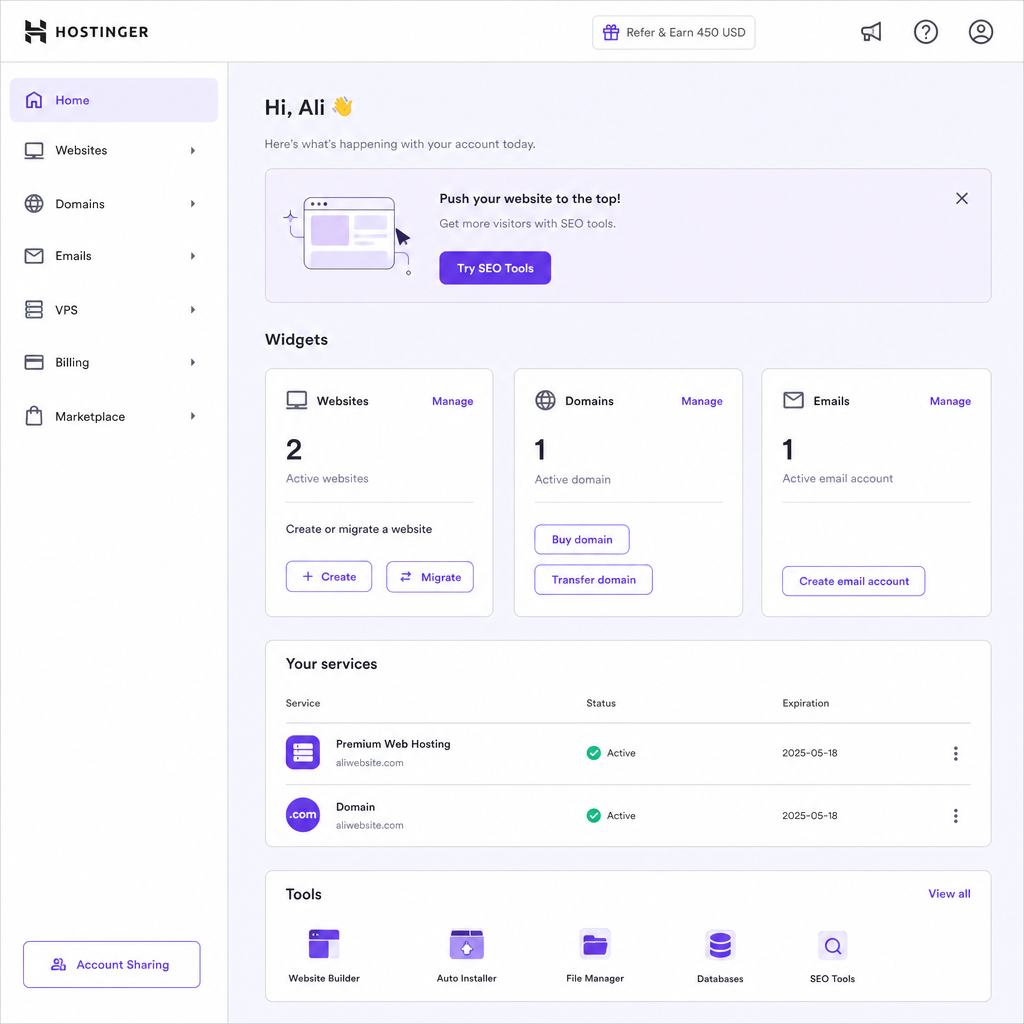 Hostinger Dashboard Interface