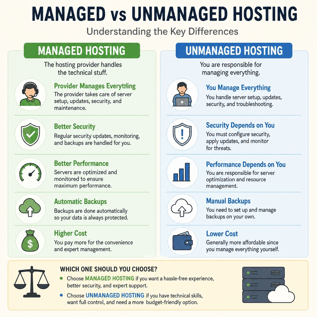 Infographic showing the difference between managed and unmanaged hosting