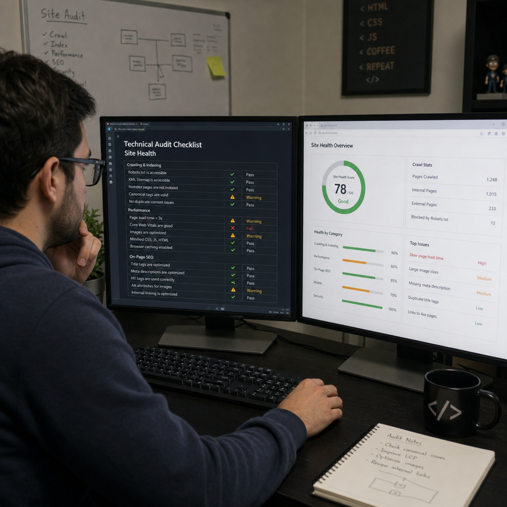 Developer analyzing a technical audit checklist for site health on a dual-monitor computer setup