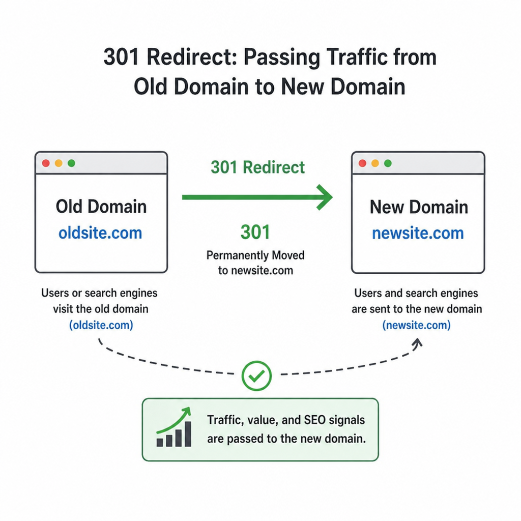 Diagram illustrating how a 301 redirect passes traffic from an old domain to a new one