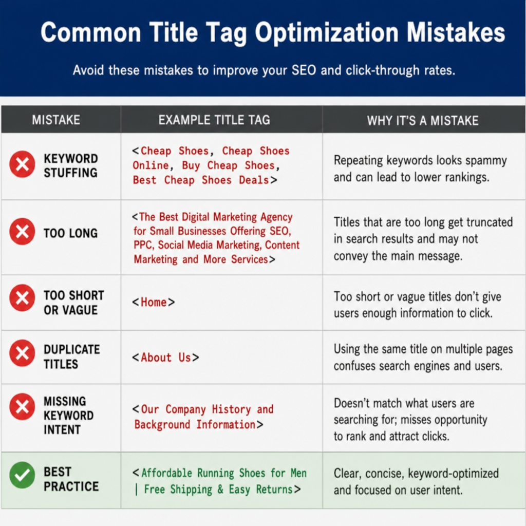A screenshot highlighting common title tag optimization mistakes like keyword stuffing