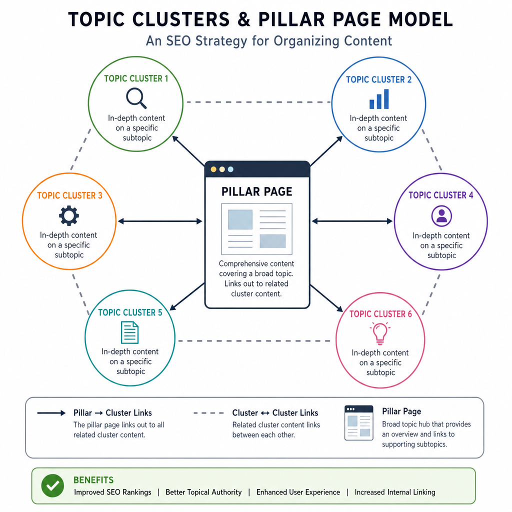 Diagram illustrating the topic clusters and pillar page model for SEO strategy