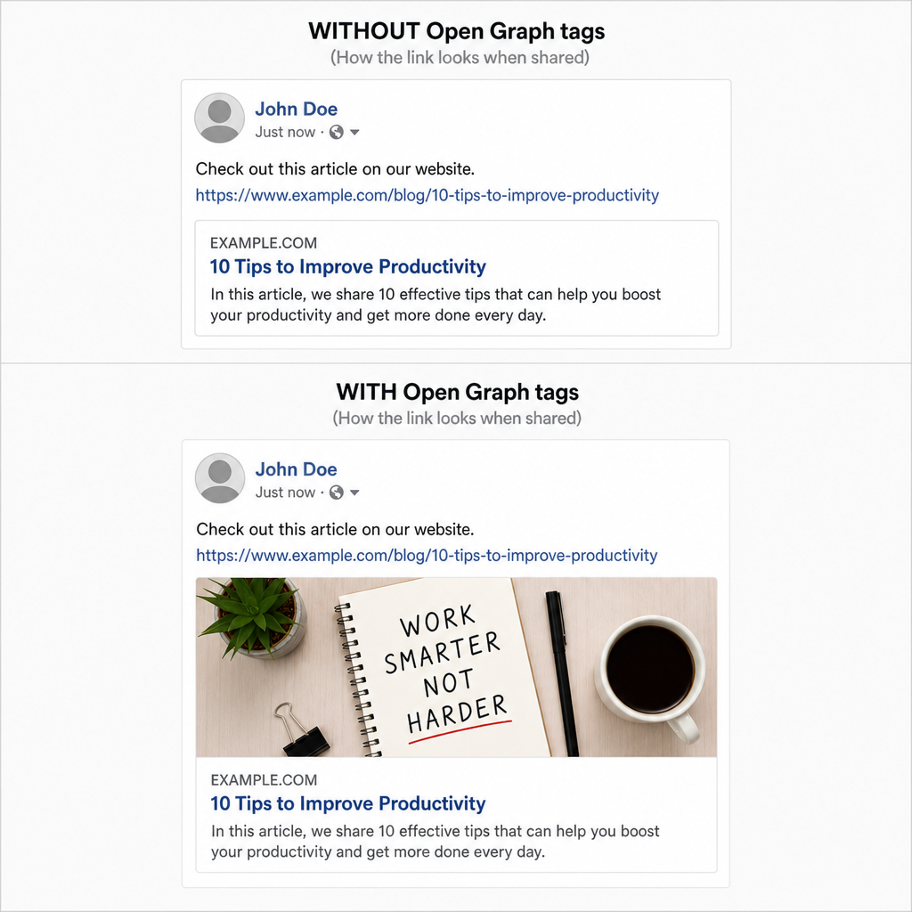 Examples of a link shared on social media with and without Open Graph tags implemented