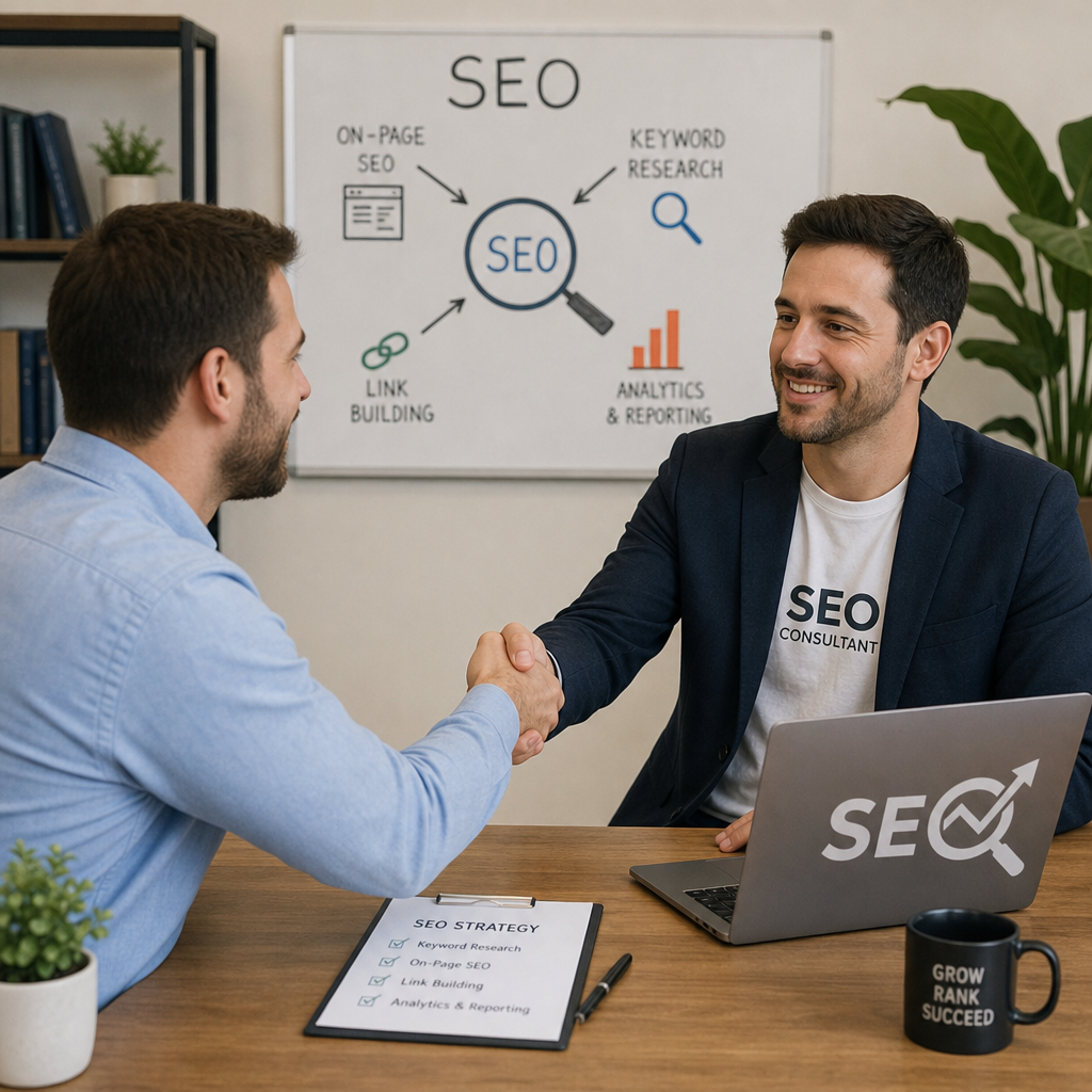 A business owner shaking hands with an SEO consultant across a desk in {English}