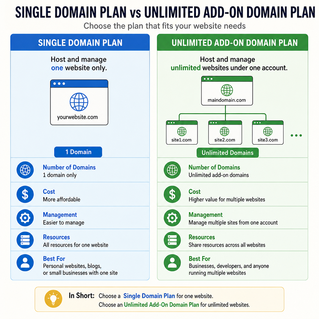 Infographic showing the difference between a single domain plan and an unlimited add-on domain plan