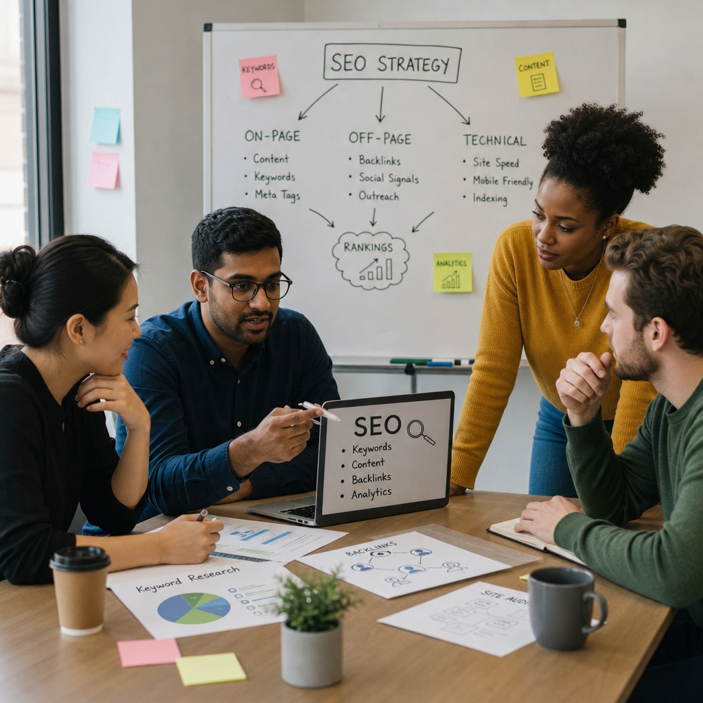 Diverse team collaborating on SEO strategies