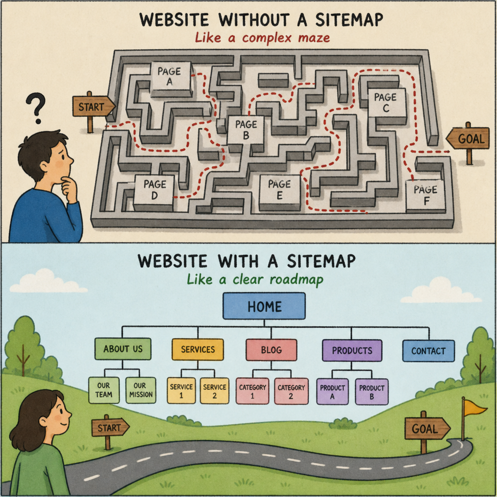 An illustration comparing a website without a sitemap to a complex maze, and a website with a sitemap to a clear roadmap