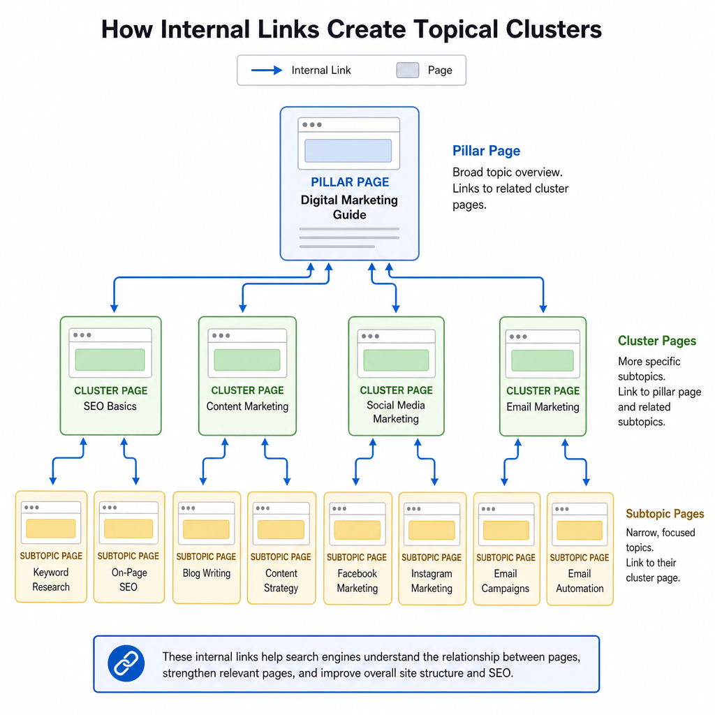 Diagram showing how internal links connect different pages on a website to form topical clusters