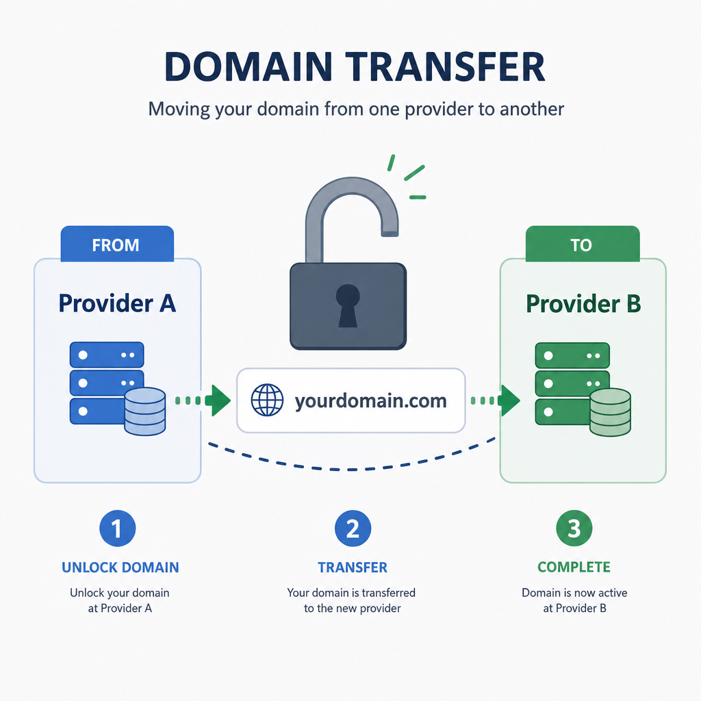 A graphic showing a digital lock opening and transferring a domain name from one provider to another in English