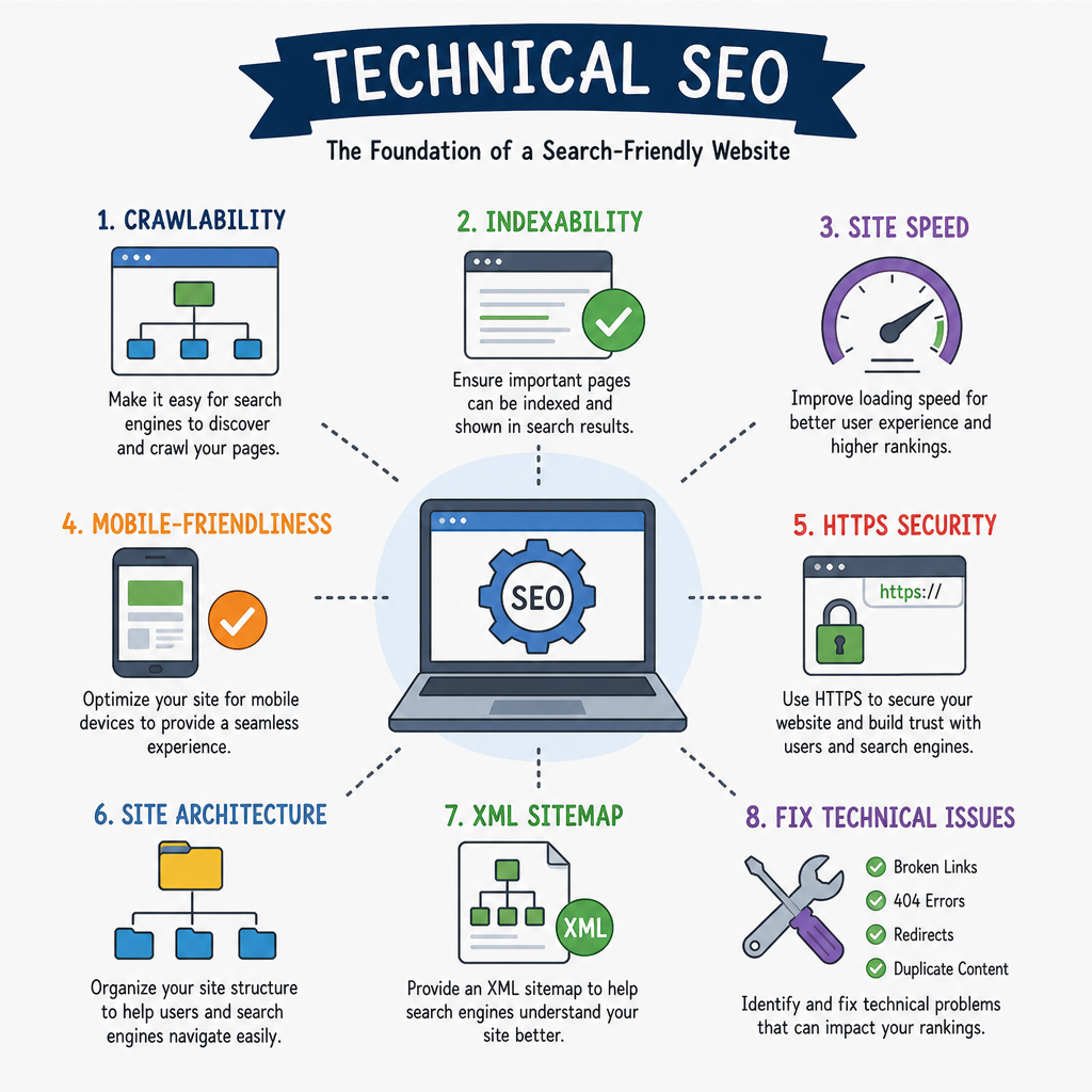 Illustration showing different aspects of technical SEO