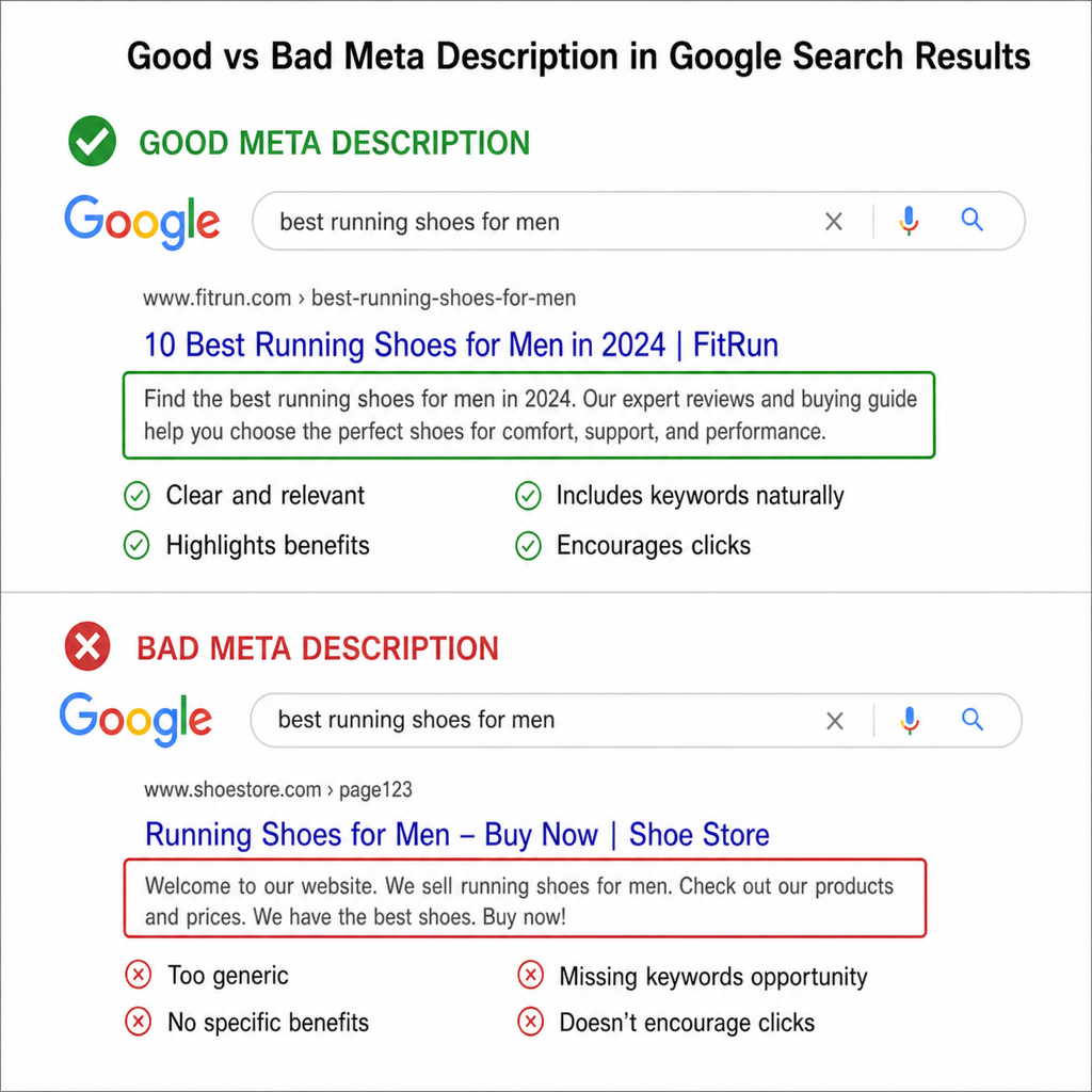 A visual comparison of a good vs bad meta description in Google search results