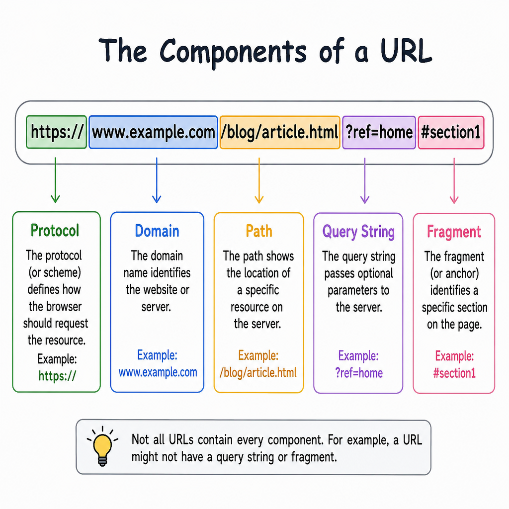 A graphic displaying the components of a URL such as protocol, domain, and path