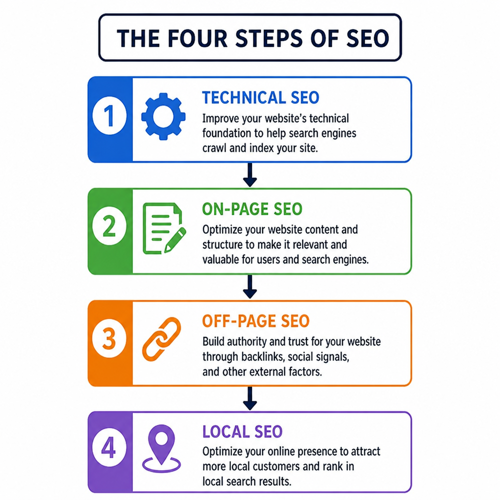 A flowchart showing the four steps of SEO: Technical, On-Page, Off-Page, and Local in ENGLISH