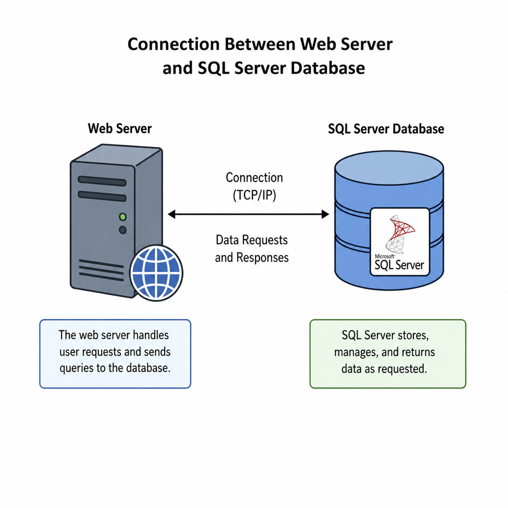 Diagram illustrating the connection between a web server and a SQL Server database in ENGLISH