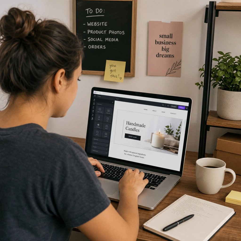 A small business owner working on a laptop designing a website