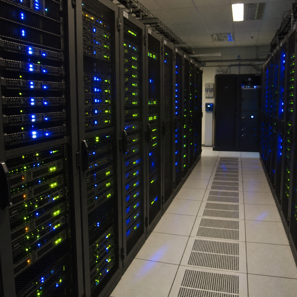 A server room with rows of illuminated web hosting hardware