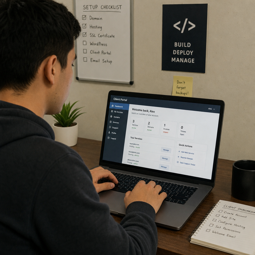 A person typing on a laptop, setting up hosting software and managing a client portal