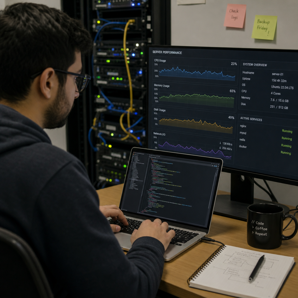 Developer writing code on a laptop while monitoring server performance