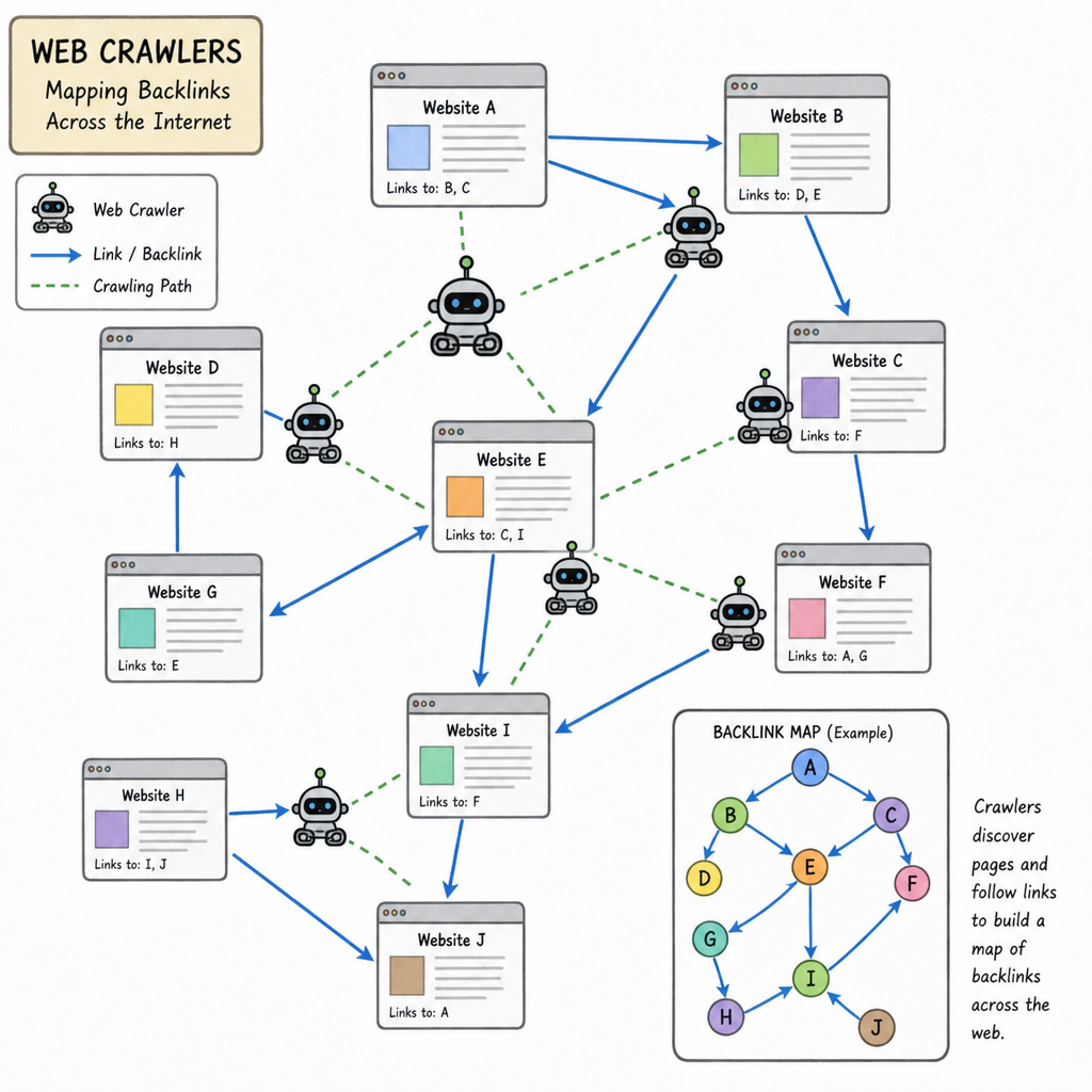A visual representation of web crawlers mapping backlinks across the internet