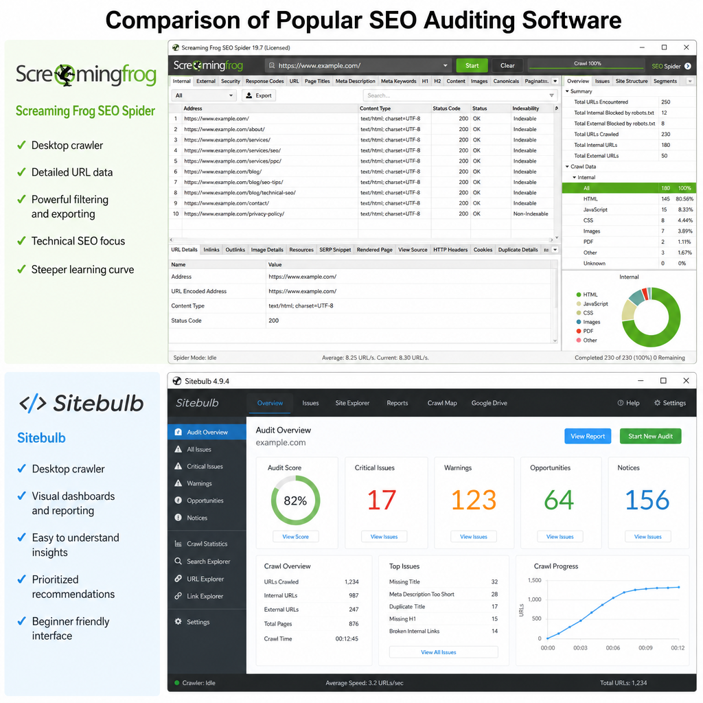 Comparison of popular SEO auditing software interfaces showing Screaming Frog and Sitebulb