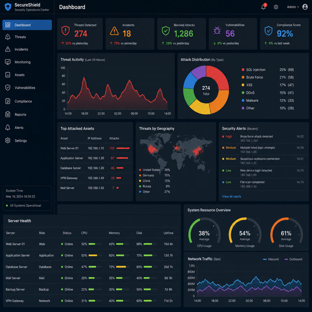 Dashboard displaying advanced cybersecurity metrics and server health