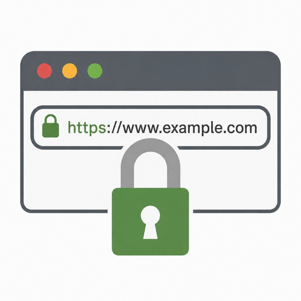 Padlock icon over a web browser address bar symbolizing SSL security in ENGLISH