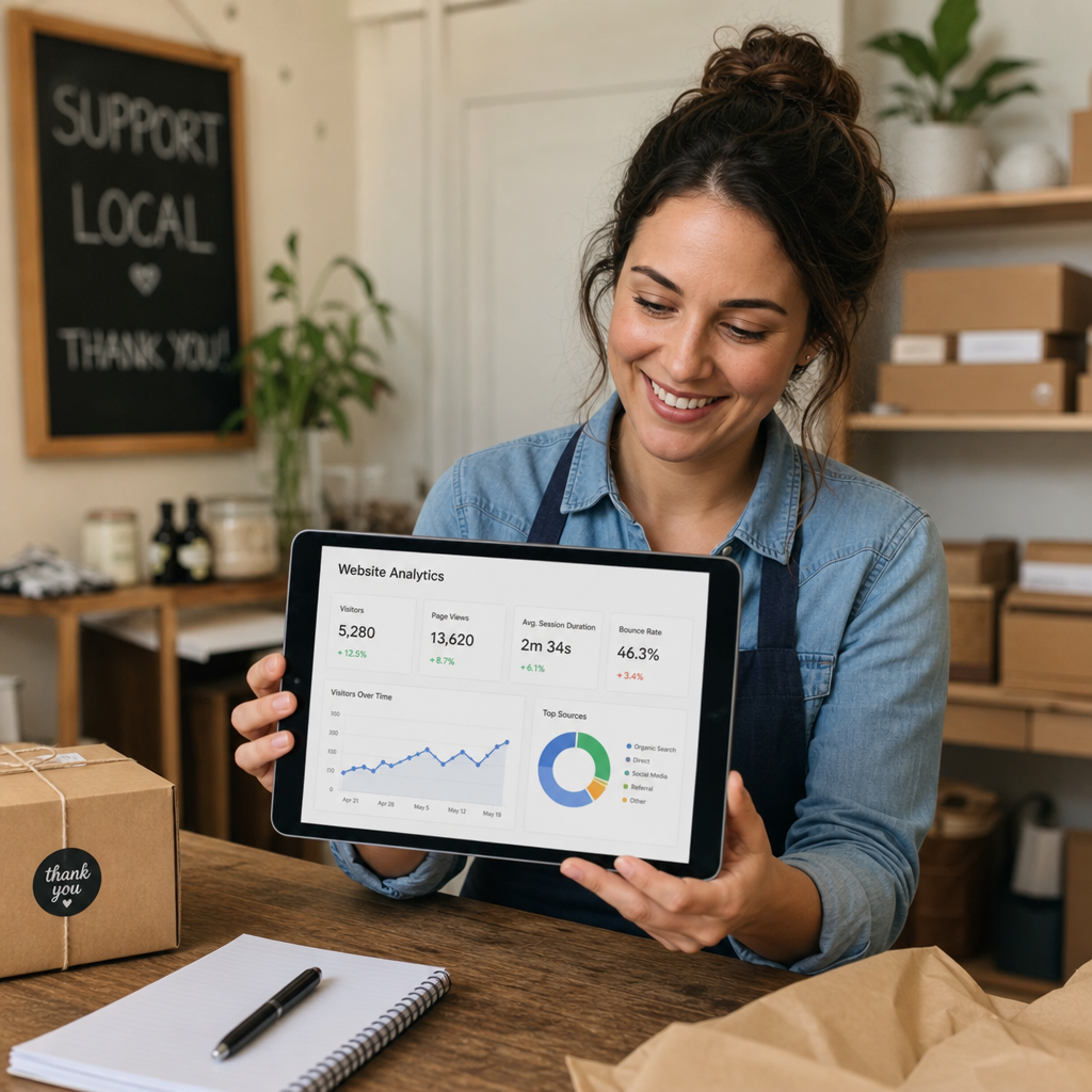 A small business owner smiling while looking at website analytics on a tablet
