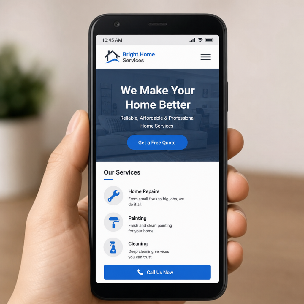A mobile phone displaying a fast-loading, optimized small business website