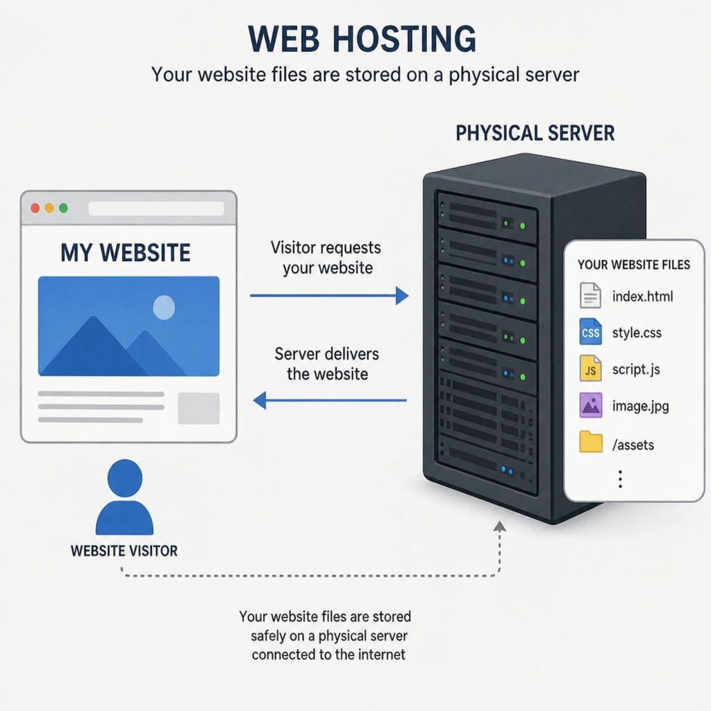 A visual representation of web hosting showing website files stored on a physical server