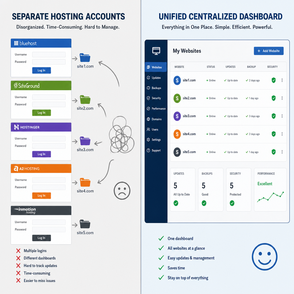 A split screen showing separate hosting accounts versus a unified centralized website management dashboard