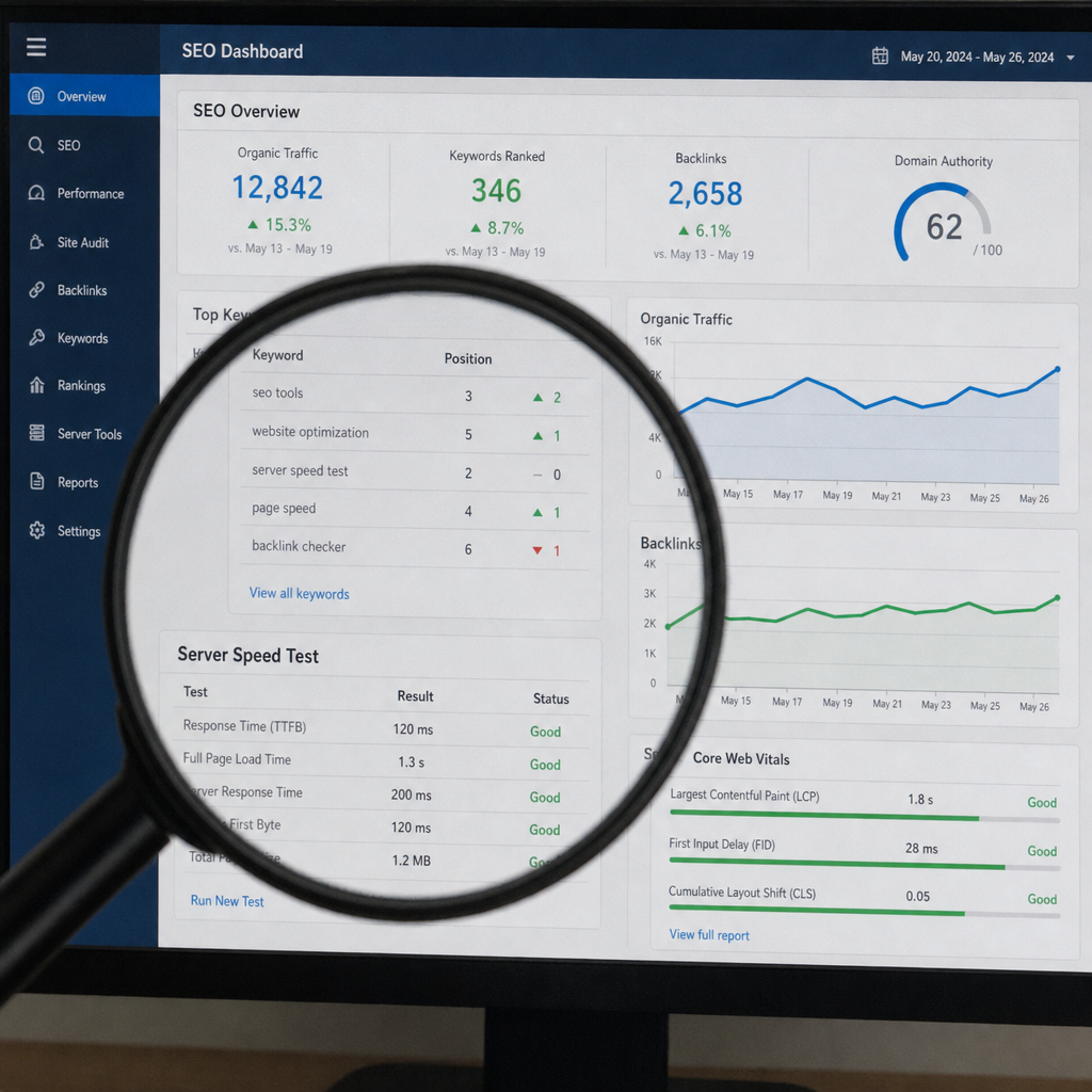 A magnifying glass over a computer screen showing SEO metrics and server speed tests in English