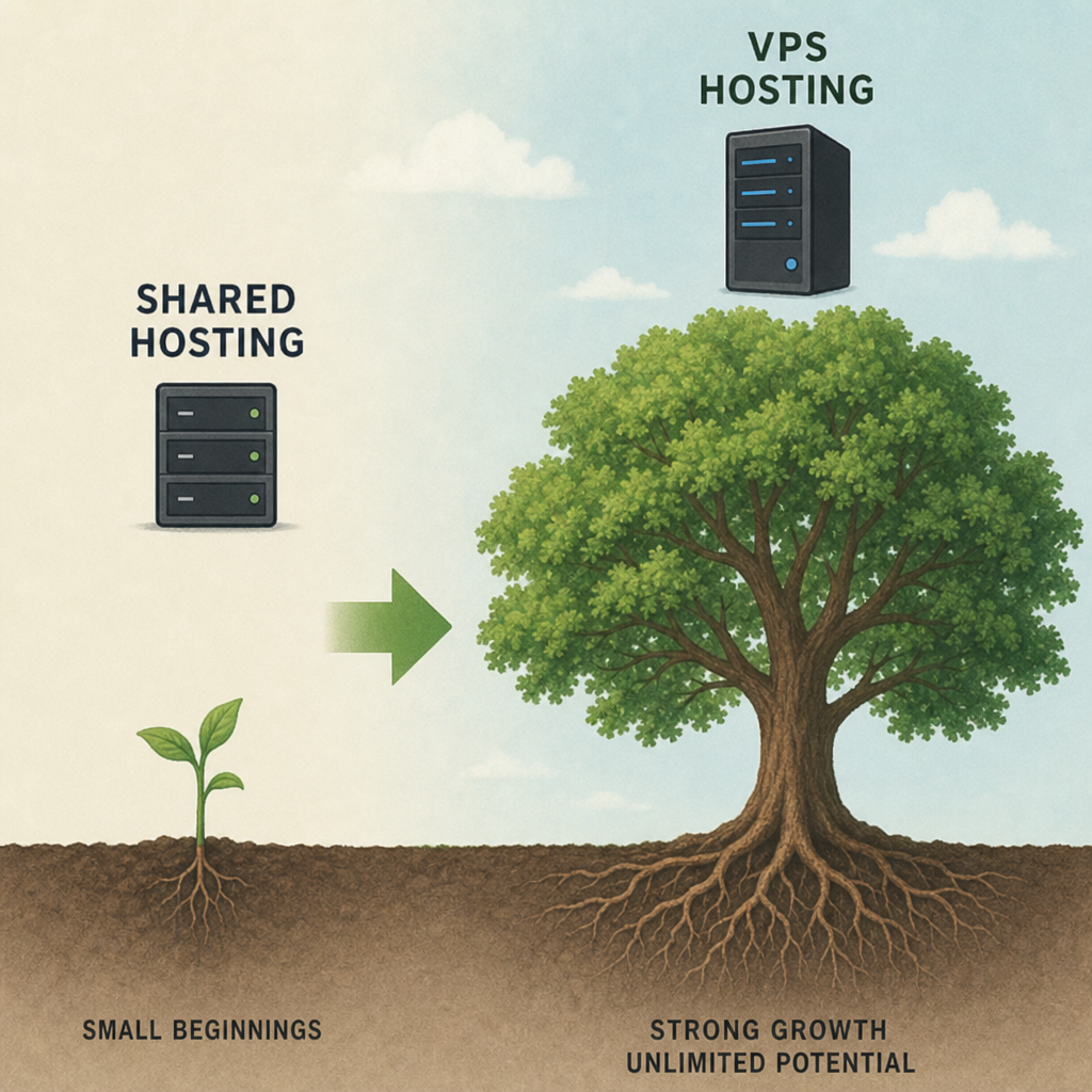 A conceptual image showing a small plant growing into a large tree, representing website growth from shared to VPS hosting