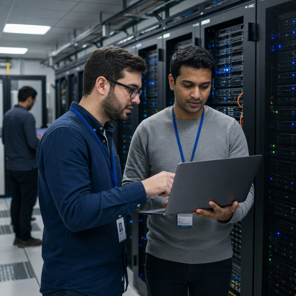 IT engineers collaborating in a modern server data center