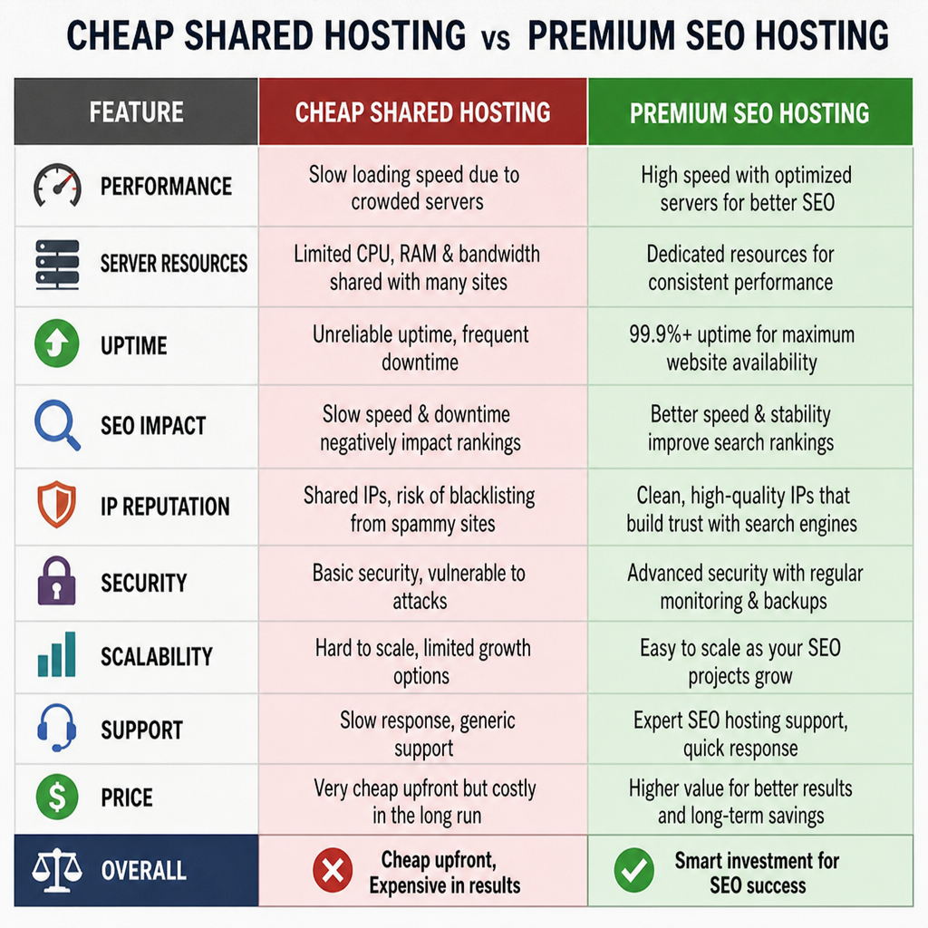 Comparison chart showing cheap shared hosting versus premium seo hosting solutions