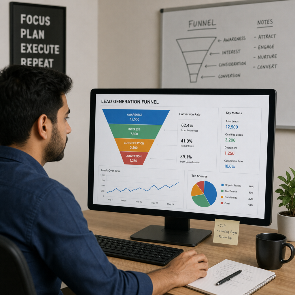 A digital marketing professional analyzing lead generation funnels on a computer monitor