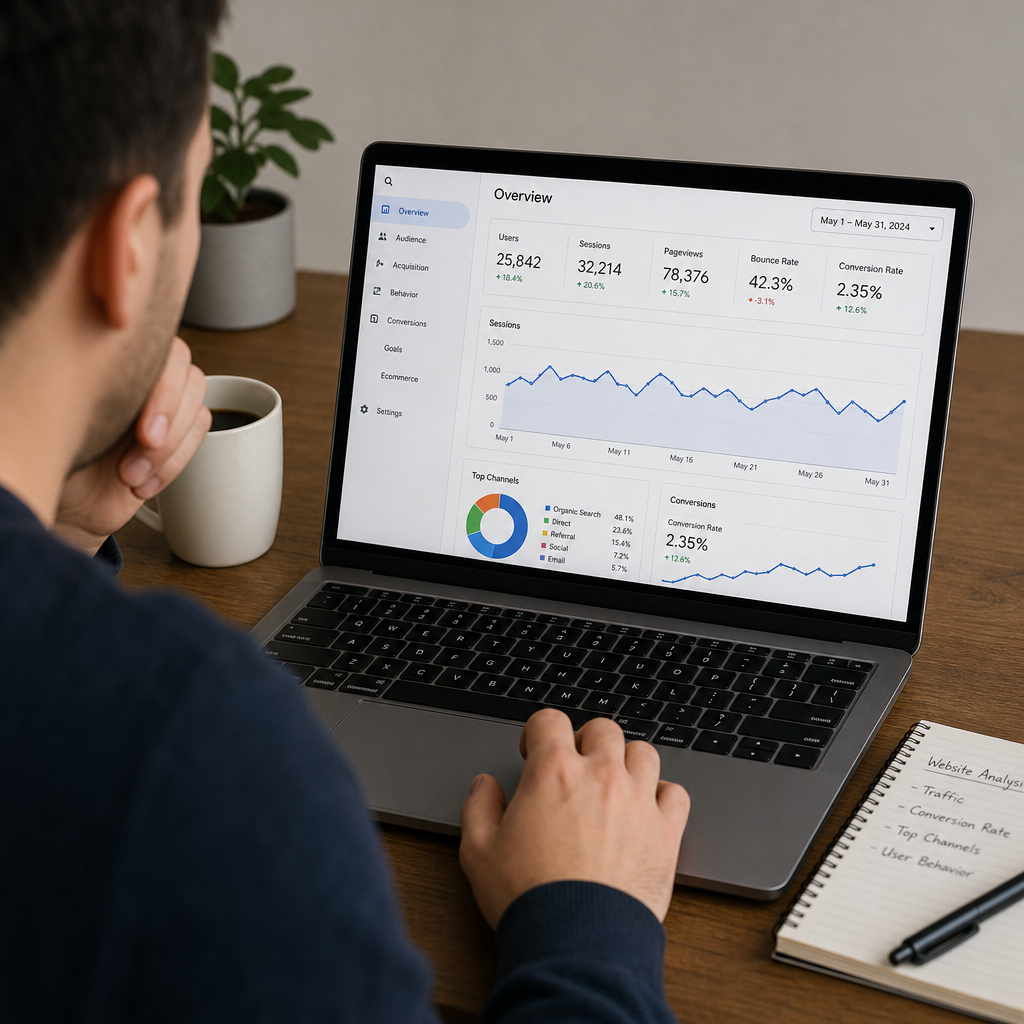 A person reviewing website analytics and conversion rate graphs on a laptop in ENGLISH