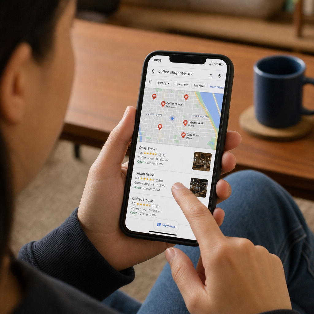 Person searching for local businesses on a smartphone displaying Google Maps