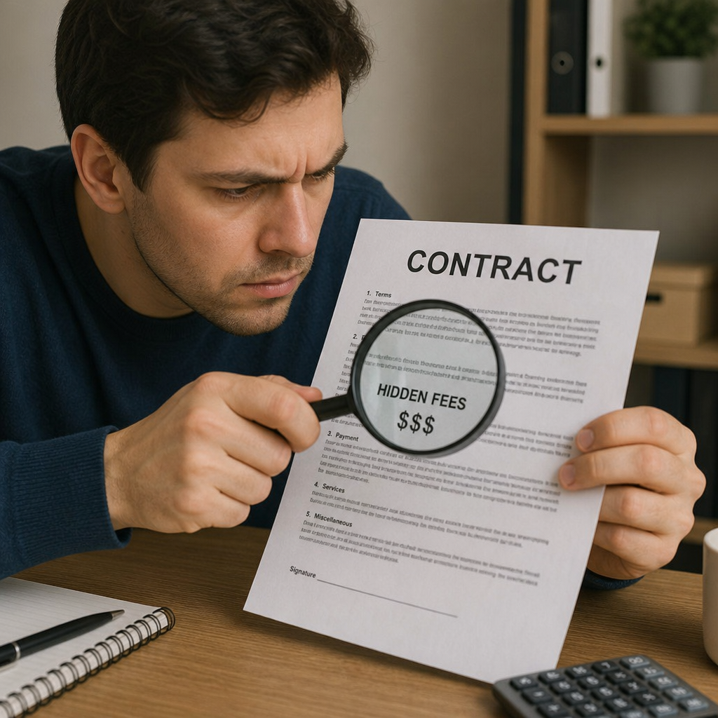 A person looking closely at a contract with a magnifying glass, symbolizing hidden fees