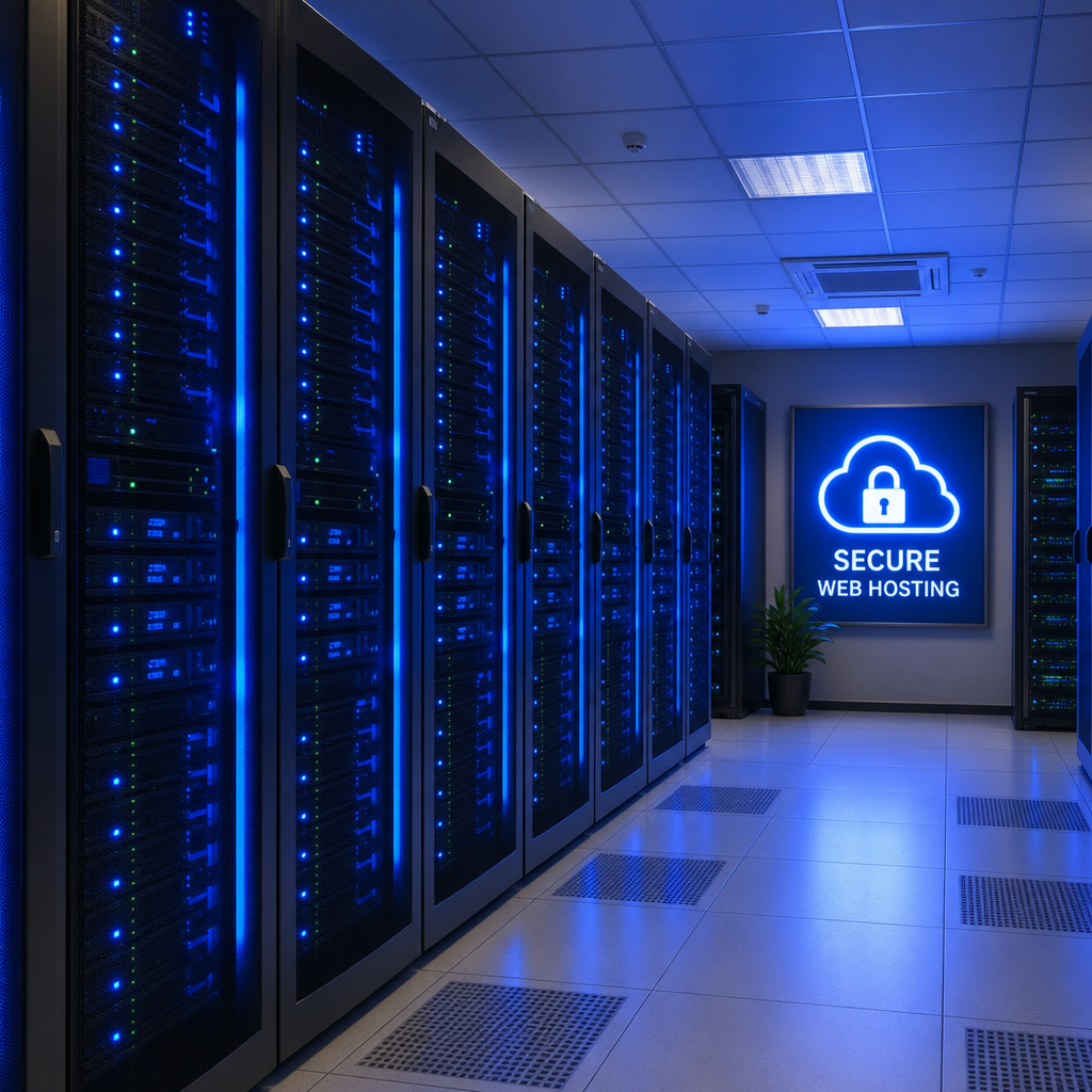 Modern server room with glowing blue lights representing a secure web hosting environment