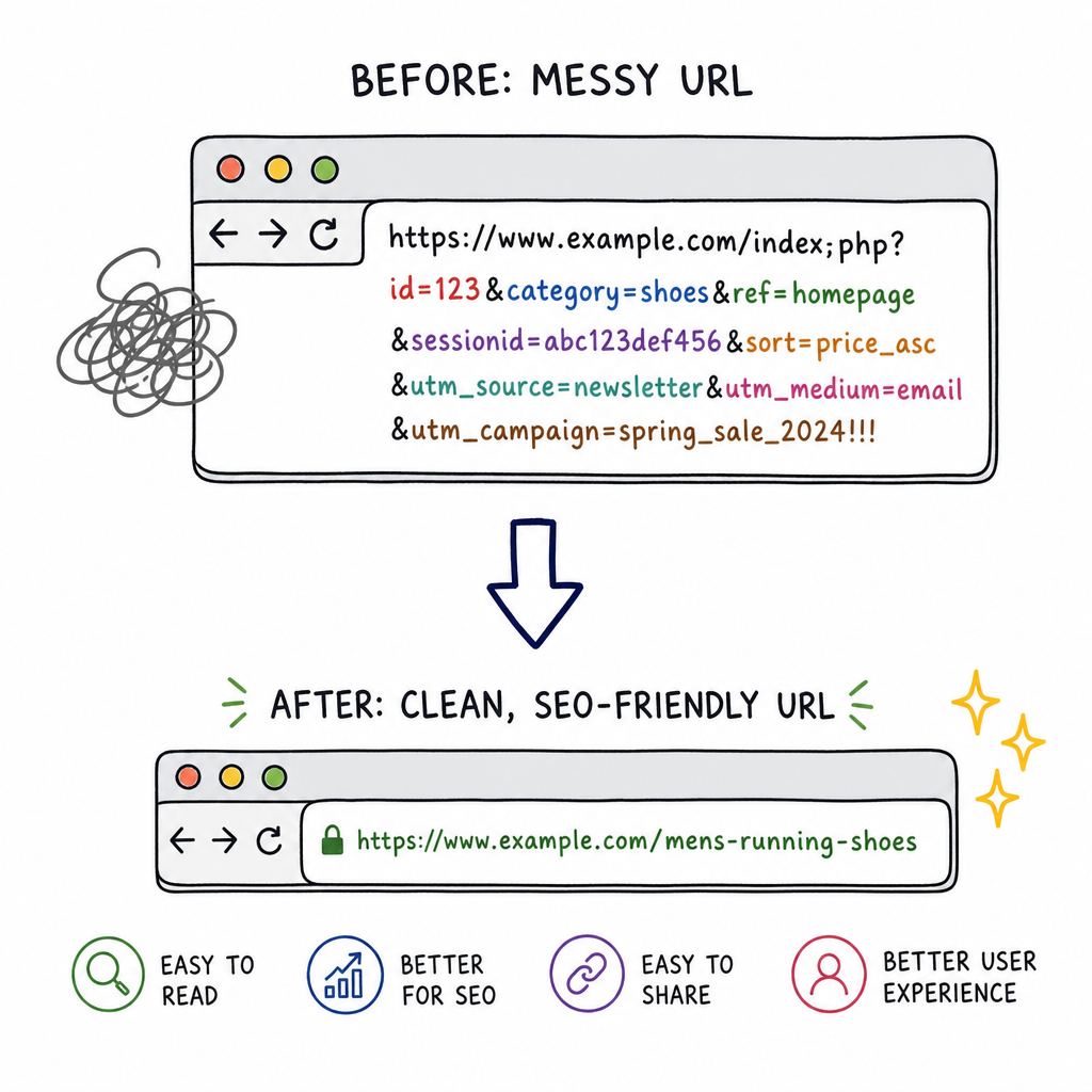 An illustration showing a messy URL transforming into a clean, SEO-friendly URL