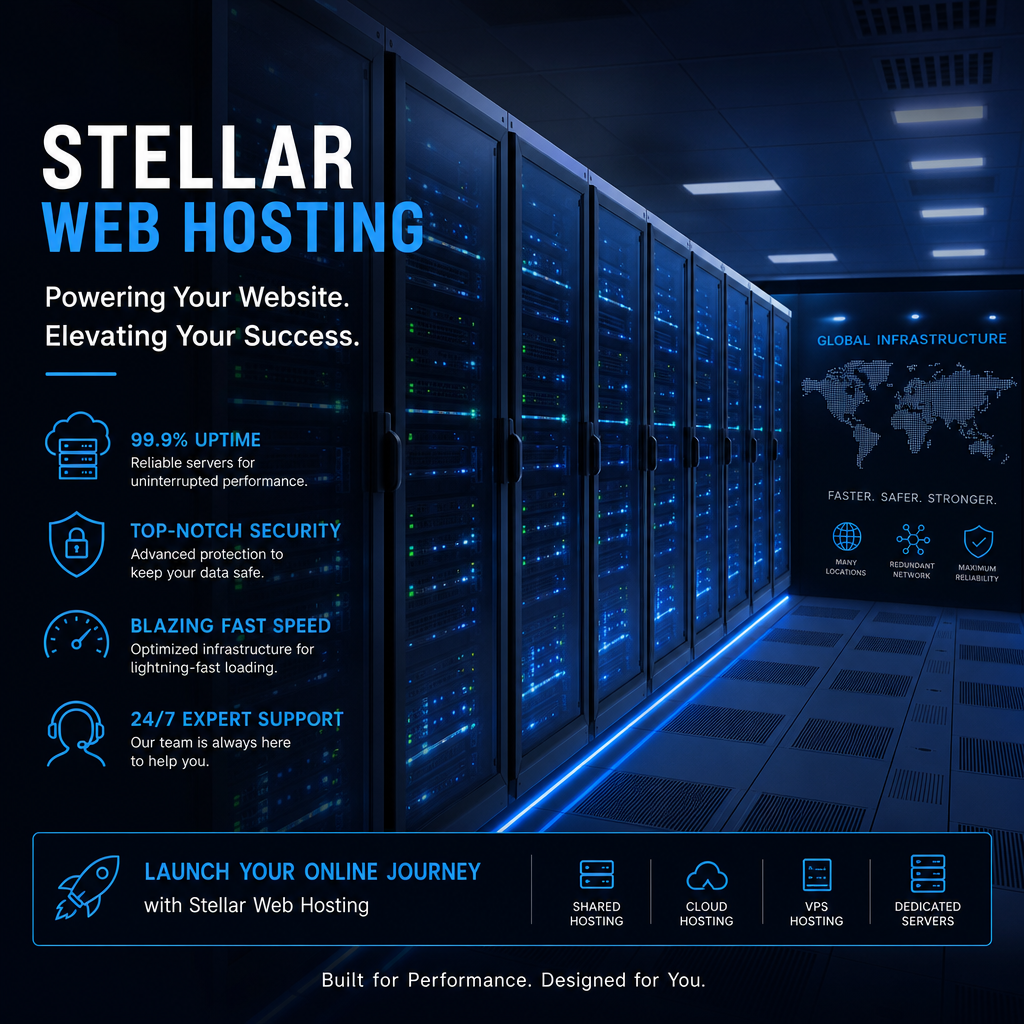 A futuristic server room showcasing stellar web hosting infrastructure in English