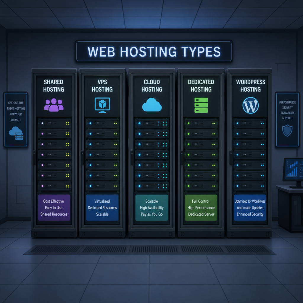 A digital server room representing different types of web hosting