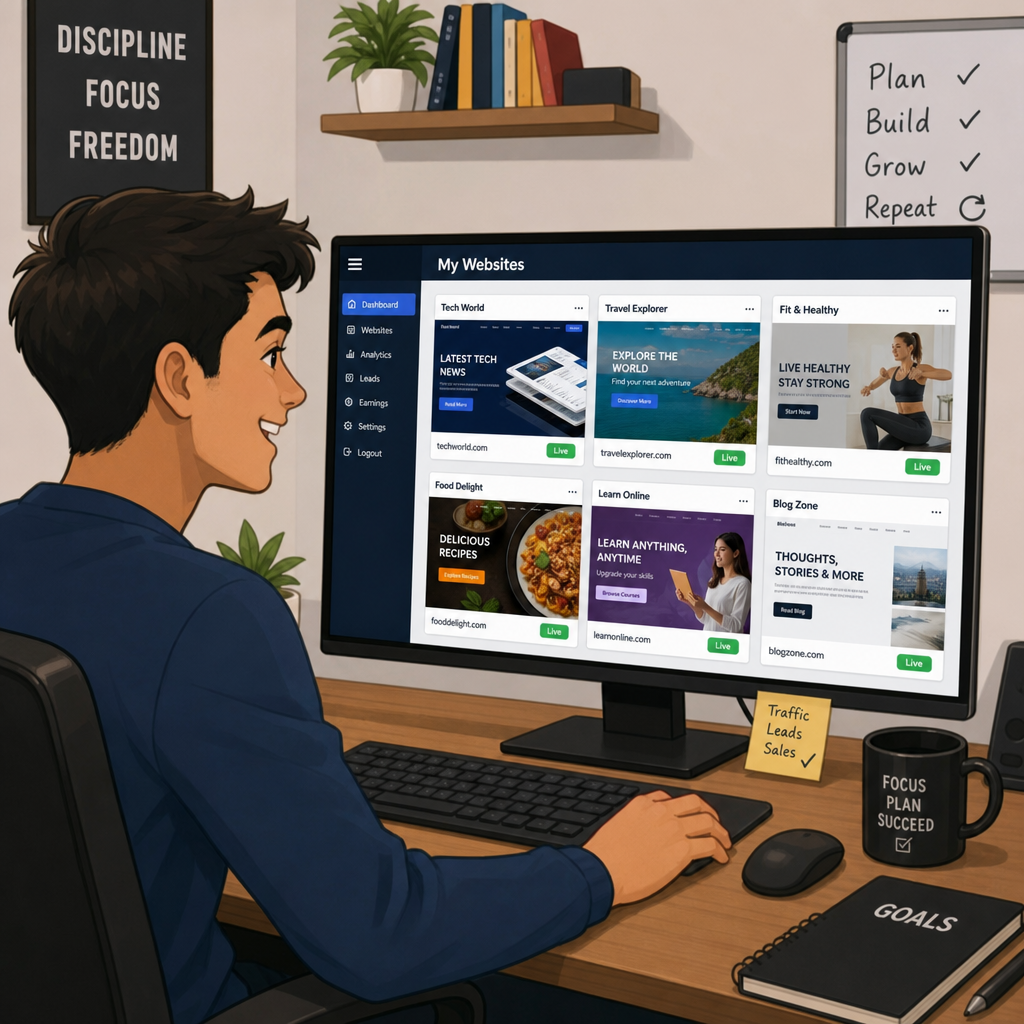 A digital entrepreneur happily managing multiple websites on a single computer screen
