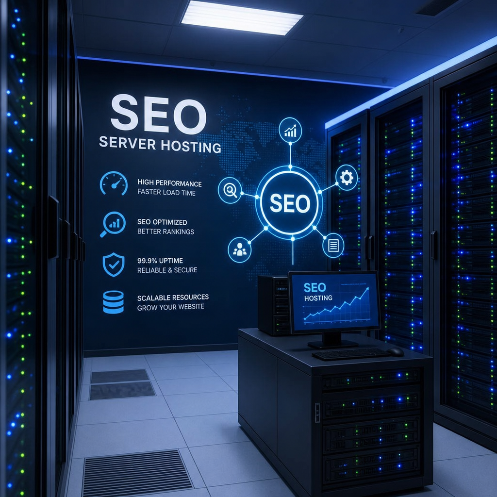 High-tech server room illustrating the concept of seo server hosting