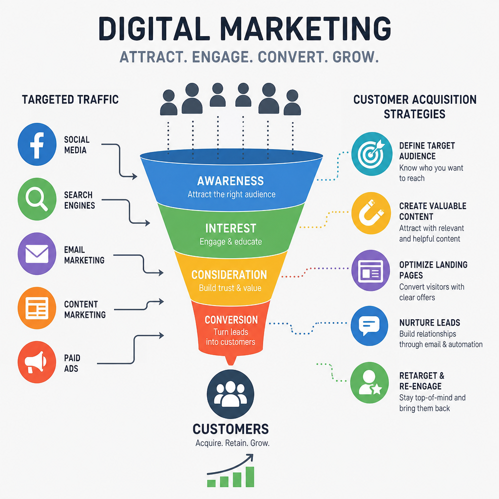 A digital marketing concept showing a funnel, targeted traffic, and customer acquisition strategies