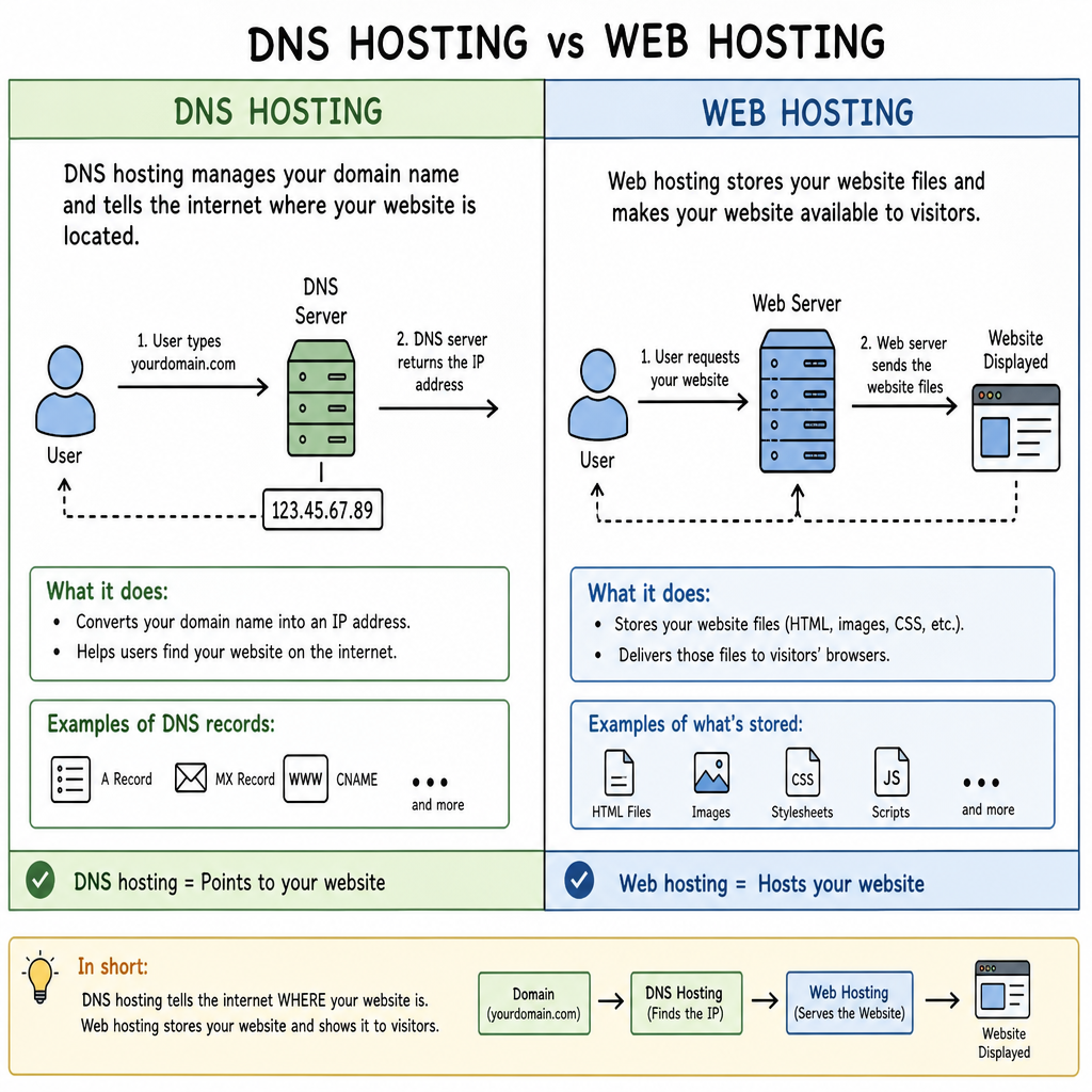 Diagram explaining the difference between DNS hosting and web hosting