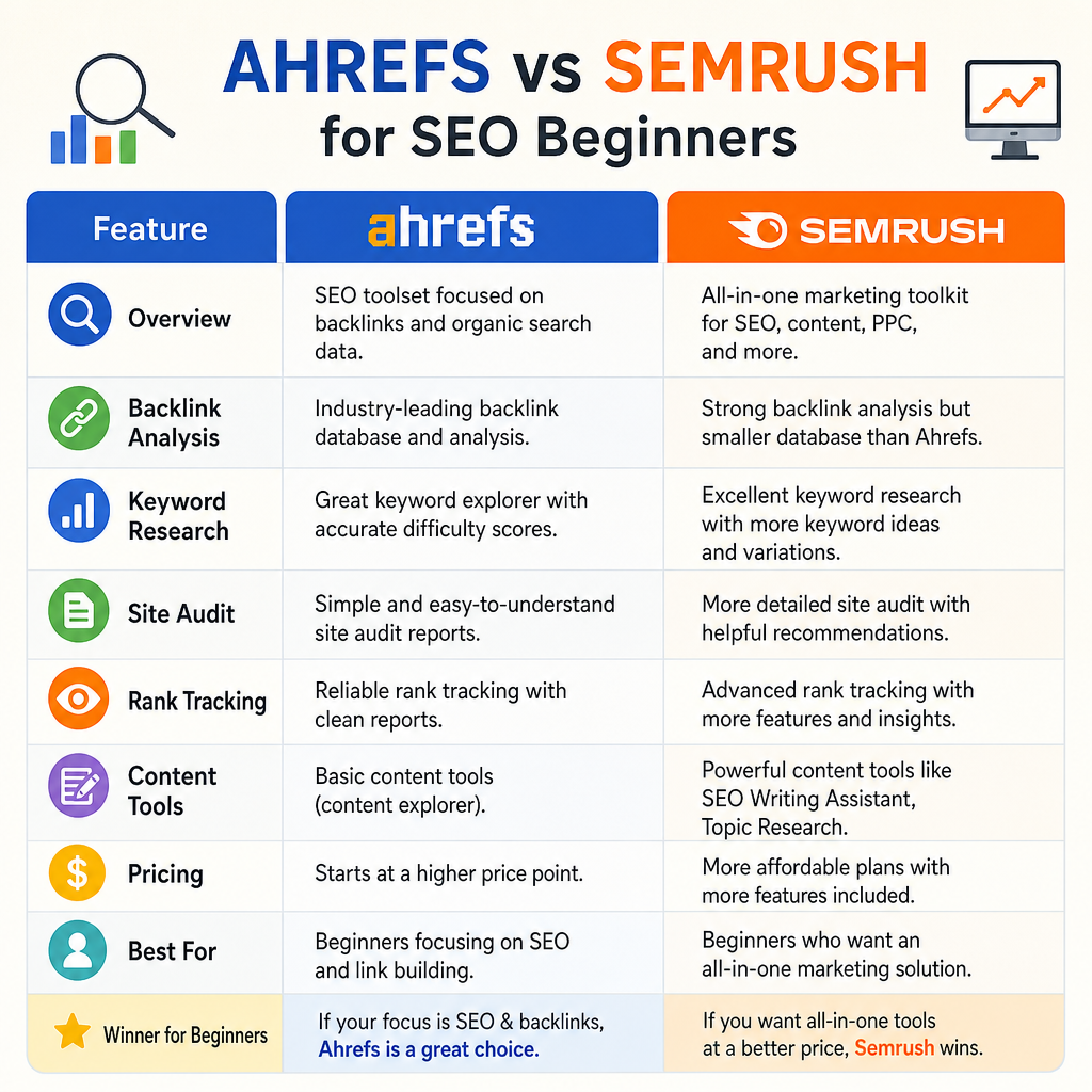 Comparison chart of Ahrefs versus Semrush for SEO beginners