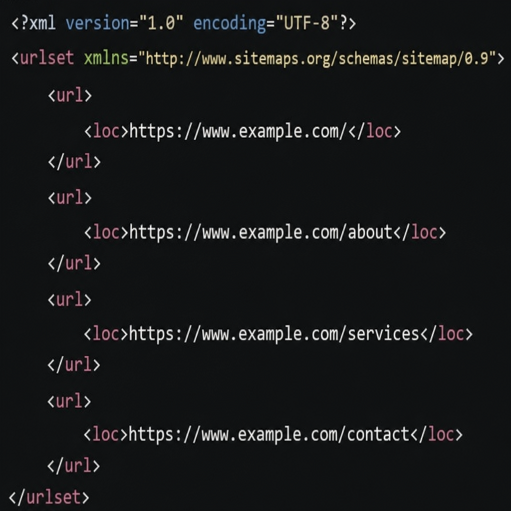 A close-up code snippet showing standard sitemap protocol and tags like urlset, url, and loc