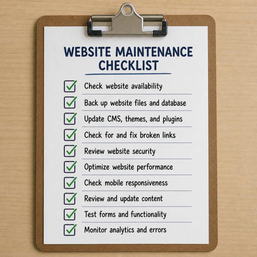 A checklist on a clipboard highlighting website maintenance tasks