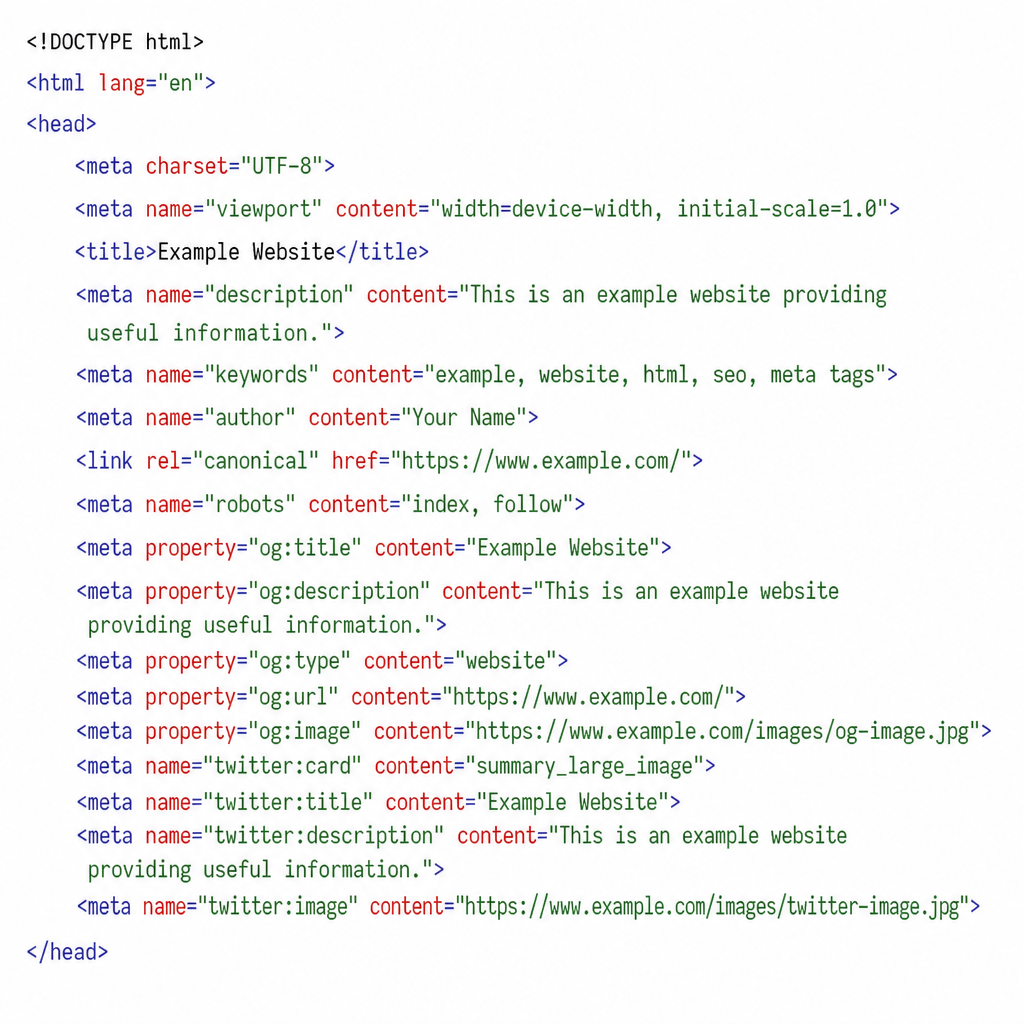 HTML code snippet showing standard seo meta tags in the head section of a website